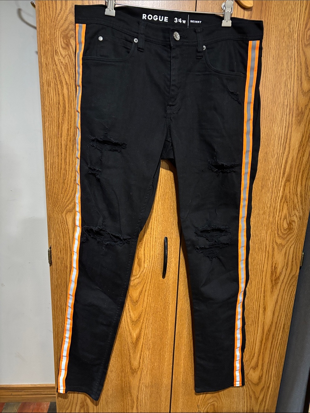 Rogue Black Skinny Jeans with Orange Side Stripes